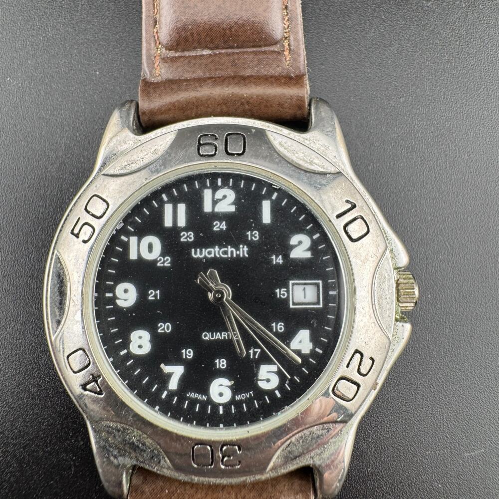 Watch-It Field Watch Black Dial Date Brown Leather Strap